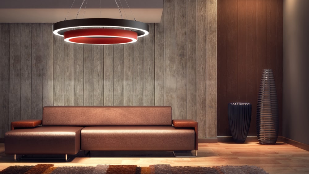 Red and Black Circular lighting in seating area