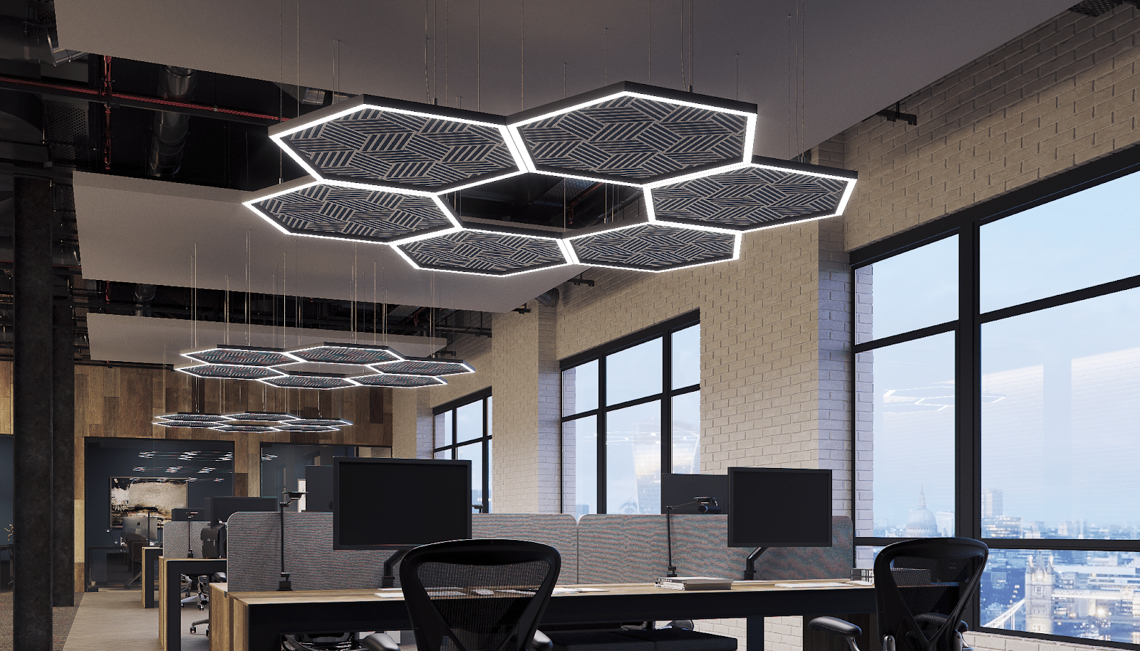 Soreno acoustic luminaires forming a pendant shape from Mount Lighting and AllSfär