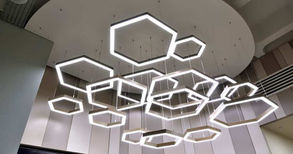 hexagonal lighting hanging from ceiling