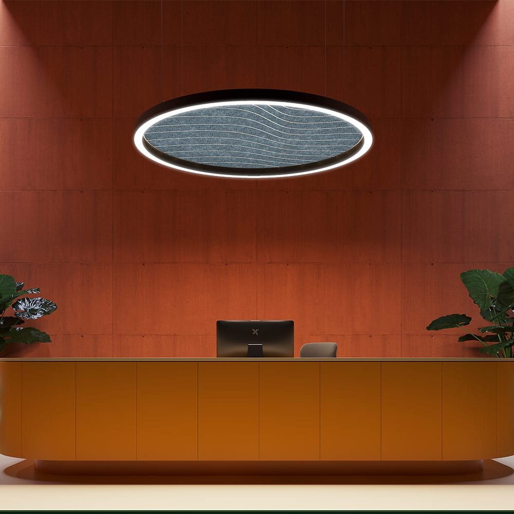 Aura Acoustic Lighting Pendant in above reception desk with high ceiling for acoustic absortion