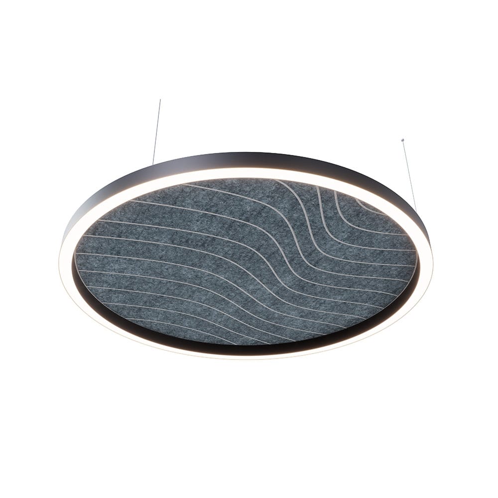 Acoustic pendant light in circular formation with panel centre