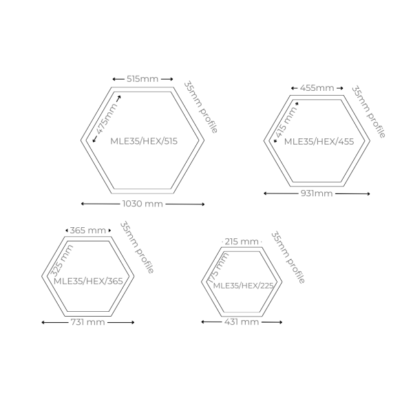 M-Line Slimline Hexagons dimensional sizes for standard products.