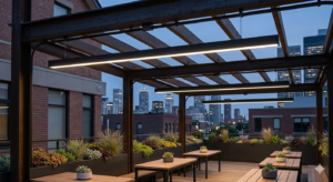 IP65 LED Linear Lighting suspended from pergola on office rooftop