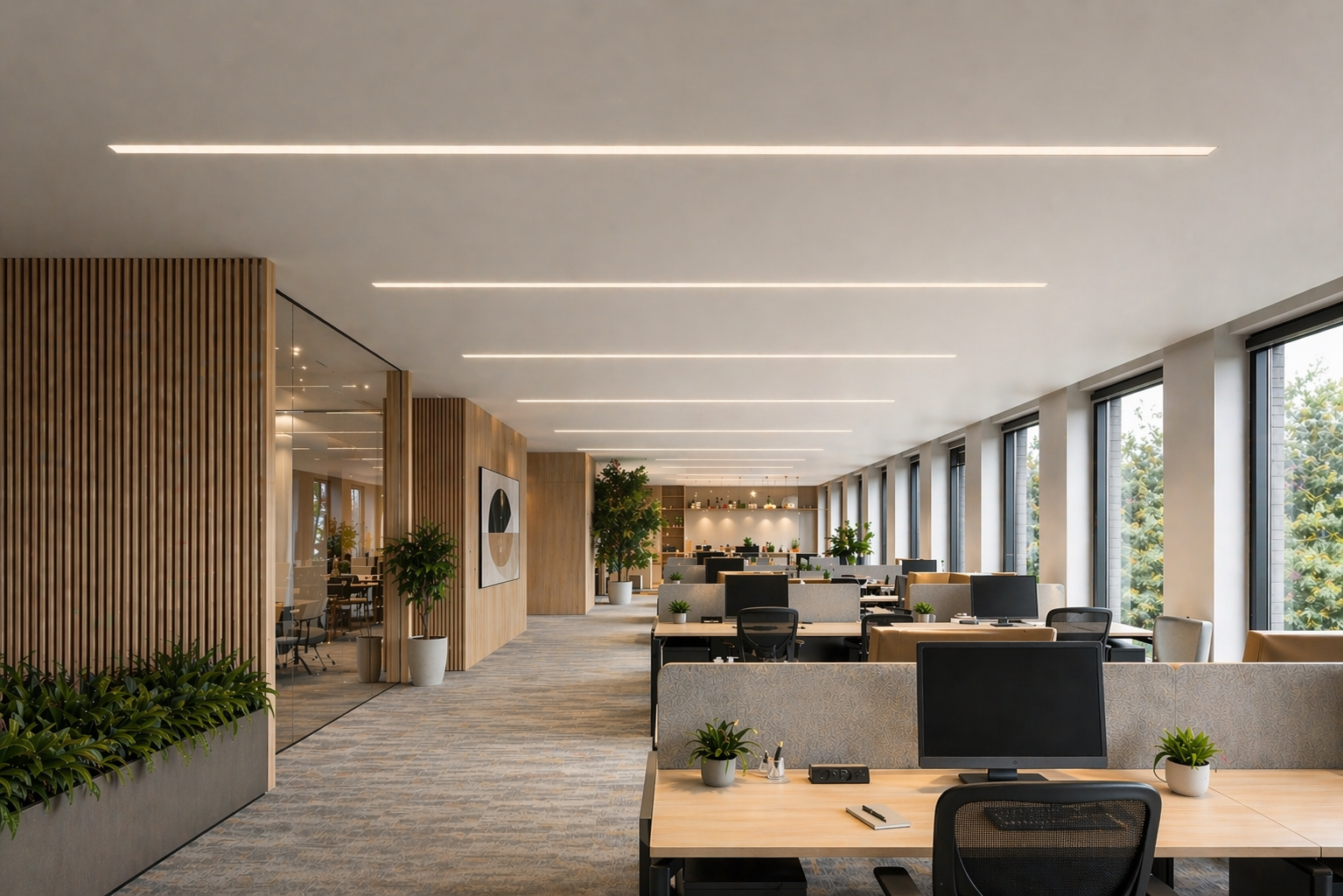 M-Line Low Glare Recessed Trimless Lighting in modern office setting - Mount Lighting